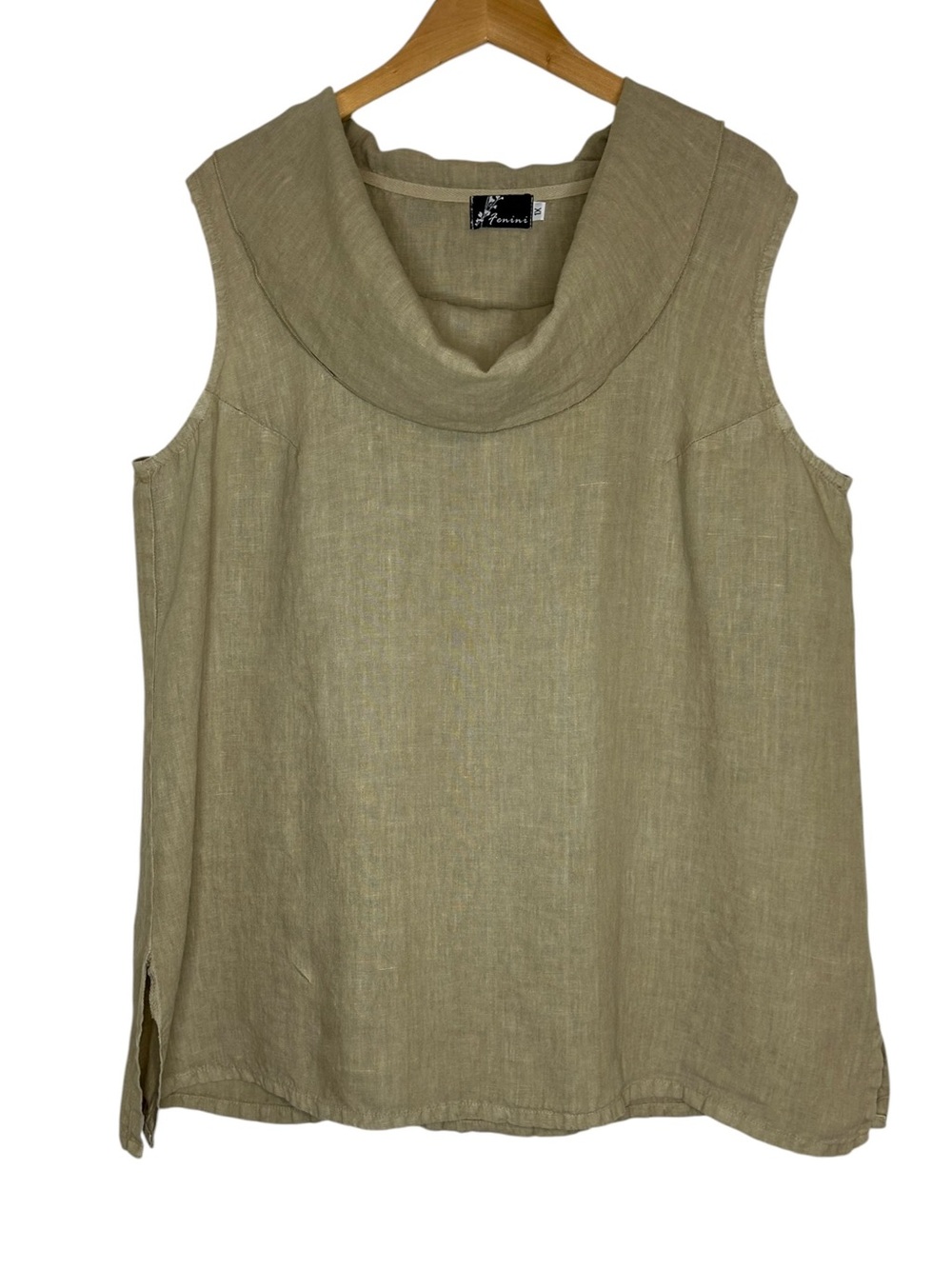 Fenini Women's Linen Cowl Neck Tunic Top 1X Beige Sleeveless USA Earthy Granola